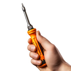 Hand holding screwdriver isolated on a transparent background