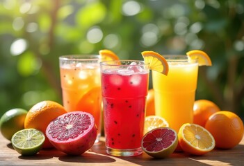 refreshing fruit juices vibrant glassware colorful summer beverage display zesty citrus hues exotic fruits inviting refreshment, drink, tropical, orange
