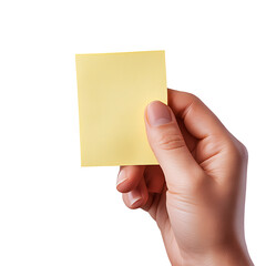 Hand holding yellow sticky note isolated on a transparent background