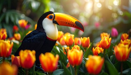 Fototapeta premium Toucan Bird in a Field of Orange and Yellow Tulips