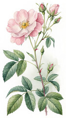 Watercolor Wild Rose Bloom with Buds and Green Leaves