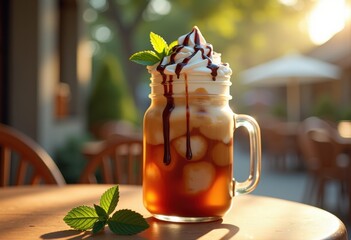 refreshing iced coffee mason jar summer beverage chill drink idea cafe style delight, jug, glass, cold, caramel, espresso, sweet, syrup, cream, whipped