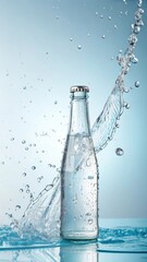 A clear glass bottle filled with water captured mid splash with dynamic water droplets and a refreshing cascade against a soft blue gradient background
