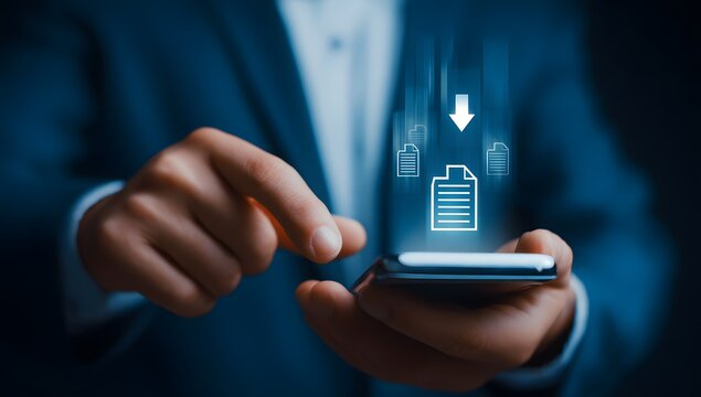 Businessman using smartphone for file transfer with digital icons showing upload and download documents