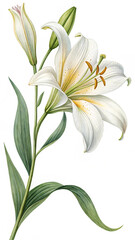 Obraz premium Watercolor White Lily Bloom with Green Leaves and Buds