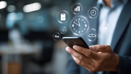 A businessman using a smartphone with digital icons representing time management, productivity, and mobile business tools