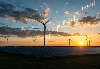 Wind Turbines and Solar Panels with Financial Chart Overlay at Sunset Representing Renewable Energy Investment and Growth Potential