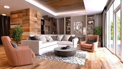 Creative interior design of a modern living room with warm wooden accents and stylish furniture offering cozy ambiance