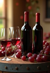 rich red wines displayed rustic wooden barrel timeless elegance wine aesthetic perfect sommelier showcase, wineglass, liquid, ruby, vintage, grape