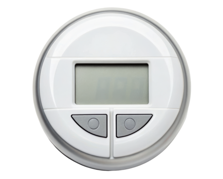 Modern round programmable heating controller and thermostat on a transparent background