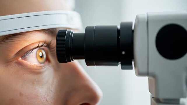 Eye Exam: Woman undergoing vision test with specialized ophthalmic equipment for eye health and vision correction