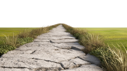 Straight stone path through green summer meadow on transparent. PNG