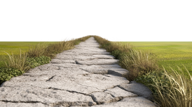 Straight stone path through green summer meadow on transparent. PNG