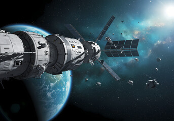 Obraz premium Spaceship in Earth Orbit A Journey Through Space