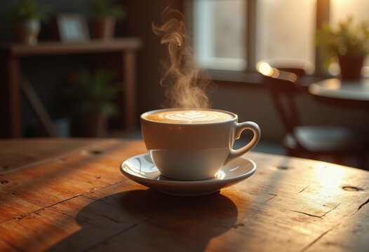 steaming coffee cup artisan wooden table morning serenity aroma cozy vibe barista style brewing ritual, espresso, latte, drink, beverage, hot, sips, warmth