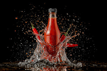 Explosive hot sauce bottle surrounded by chili peppers