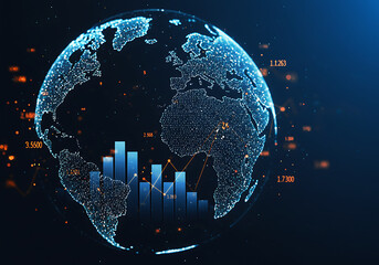 Global Business Data Visualization Earth Globe with Financial Charts Data Points and Orange Lines on a Dark Blue Background