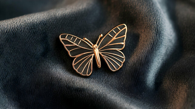 Elegant golden butterfly pin on a soft black fabric backdrop featuring realistic design delicate edges and exquisite craftsmanship for a stylish and timeless accessory

