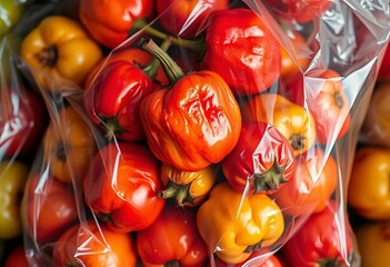 Overripe, brightly colored fruit rotting in plastic packaging,   convenience food,   planet