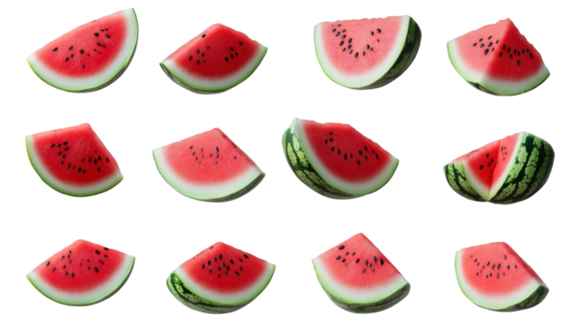 Set of whole and sliced watermelons with juicy red flesh and green rind isolated on white background