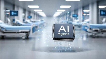 AI agent microchip with digital circuit lines floating hospital room featuring advanced technology, modern medical beds, and innovative healthcare - Powered by Adobe