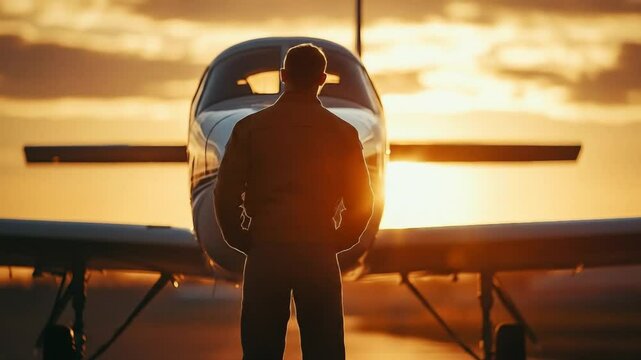 Back view of a pilot standing confidently in front of a small private airplane at sunset, with golden light illuminating the scene and suggesting adventure.

