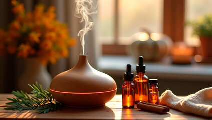 Aromatherapy diffuser on a wooden table releasing mist, surrounded by eucalyptus, cinnamon, and small amber oil bottles, cozy autumn atmosphere