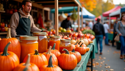 A bustling autumn market features bright orange pumpkins and jars of homemade goods. Visitors stroll through vendor stalls under colorful canopies, enjoying seasonal treats.