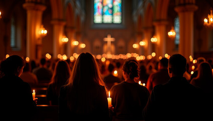 Church service on All Souls&rsquo; Day, congregation holding candles in silence, gothic arches above, somber organ music atmosphere