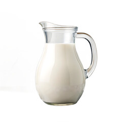 A clear glass pitcher filled with white liquid sitting next to a white object on a black background