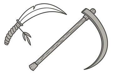  sickle, scythe, farming tool, agricultural implement, grey crescent shape, wooden handle