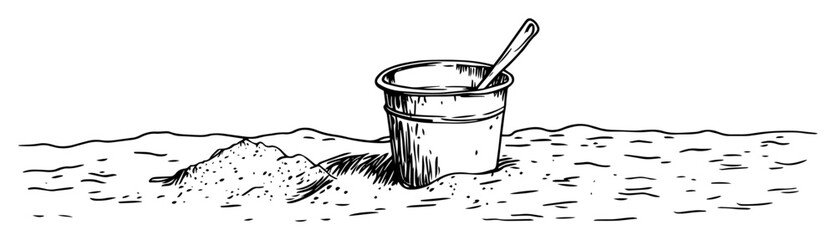 sand bucket on beach shore hand drawn summer illustration