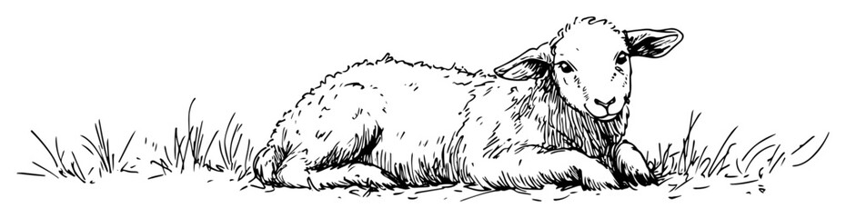 cute lamb resting in grass hand drawn farm illustration © Kaz
