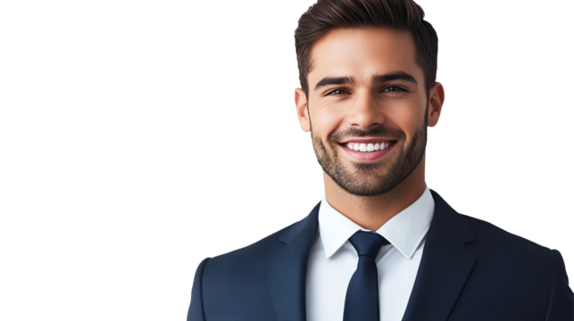 Portrait of a confident young businessman in a suit, smiling, isolated on transparent background. PNG