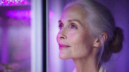 Elegant Elderly Woman in Soft Purple Light Looking Through Glass with Hopeful Expression