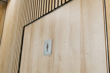 Modern wooden door with women’s restroom symbol in contemporary public interior design, minimal...