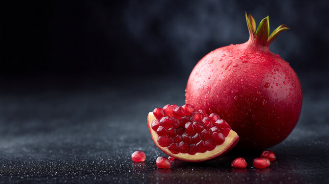 Vibrant pomegranate glistening with droplets on a smooth black surface, showcasing its juicy red seeds and natural beauty in soft lighting