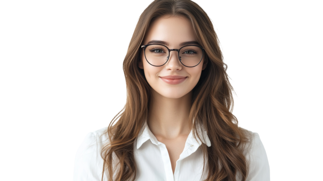 Smiling businesswoman in glasses on transparent background, a close-up of one beautiful person in an office setting. PNG