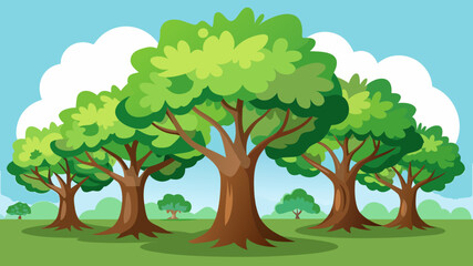 Vector illustration of a row of lush green trees with fluffy white clouds in a bright blue sky
