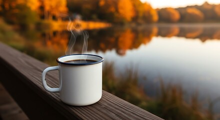 Rustic coffee mug on a deck railing, offering a peaceful view of an autumnal lake.

