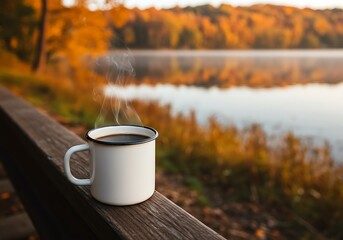 Morning coffee moment by an autumn lake, with a steaming enamelware mug.

