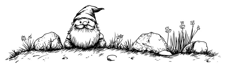 garden gnome among rocks grass hand drawn illustration
