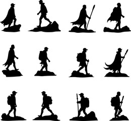Hiker and Mountain Adventure Silhouette Set vector bundle