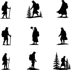 Obraz premium Hiker and Mountain Adventure Silhouette Set vector bundle
