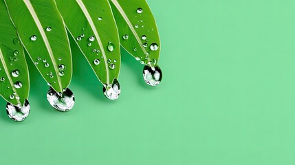 Closeup of Dew-Covered Green Leaves on Mint Background