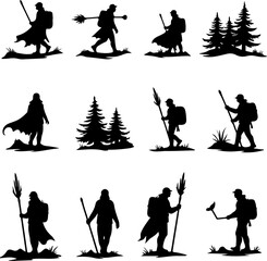Hiker and Mountain Adventure Silhouette Set vector bundle