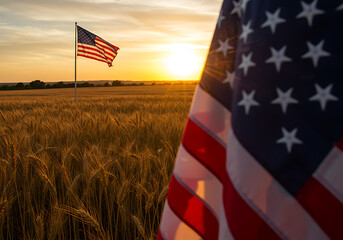 American Flag Waving in a Wheat Field at Sunset with a Second Flag in the Background