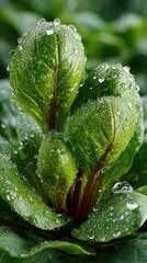 Closeup of Dew Covered Young Green Lettuce Leaves with Red Veins