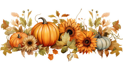 Autumnal arrangement of pumpkins sunflowers and leaves in a watercolor illustration style