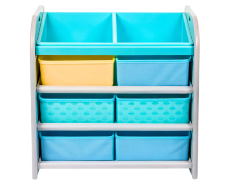 Colorful fabric bin organizer with compartments for storage on a transparent background